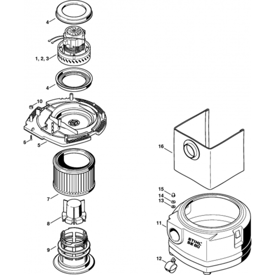 Electric Motor, Filter, Container Assembly for Stihl SE60, SE60C, SE60E Vacuum Cleaners