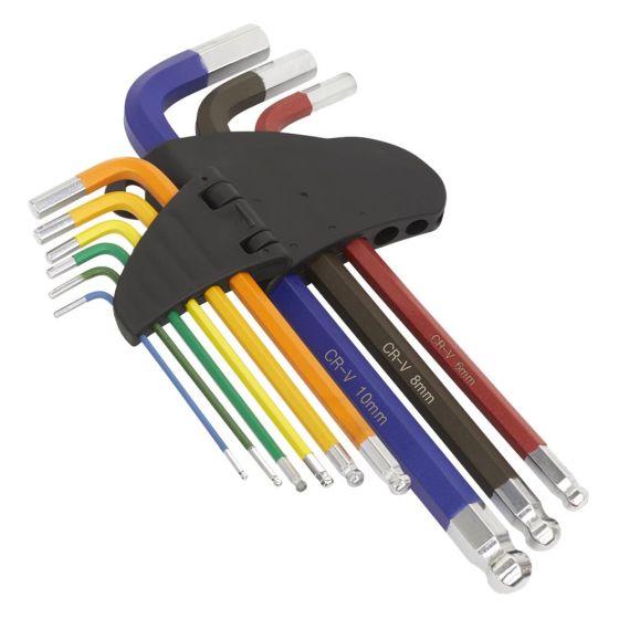 Ball-End Hex Key Set 9pc Colour-Coded Long Metric Sealey Part No. AK7190