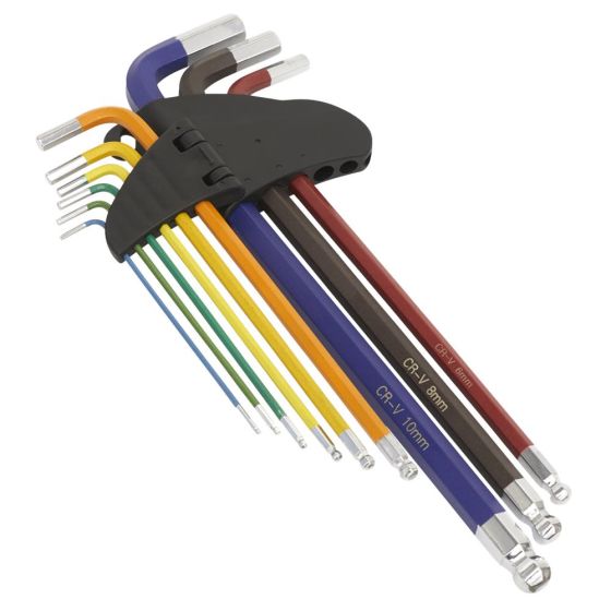 Ball-End Hex Key Set 9pc Colour-Coded Extra-Long Metric Sealey Part No. AK7191