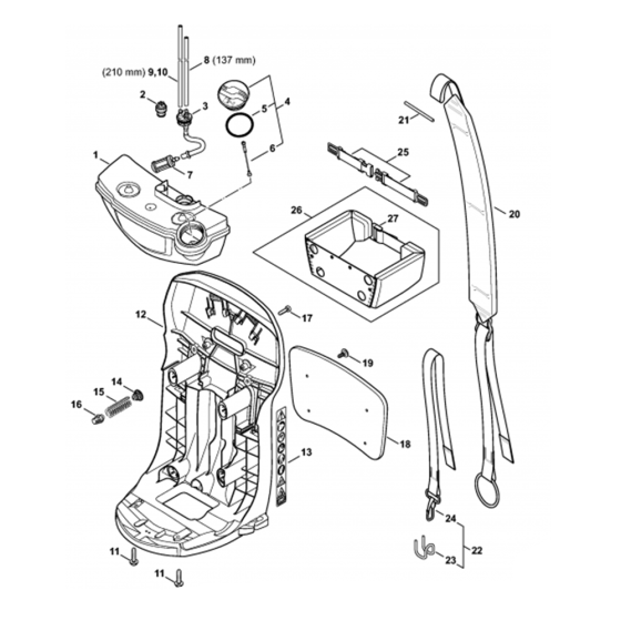 Fuel Tank, Backplate Assembly for Stihl SR200-D Mistblower