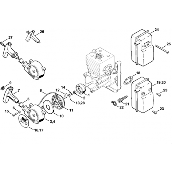 Rewind Starter, Muffler Assembly for Stihl SR320, SR400 Mistblower