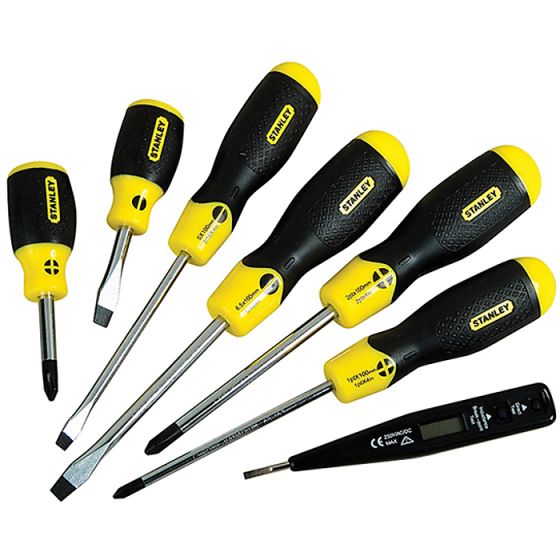 Cushion Grip Flared & Phillips Screwdriver Set of 6 + Voltage Tester by Stanley - 0-65-009