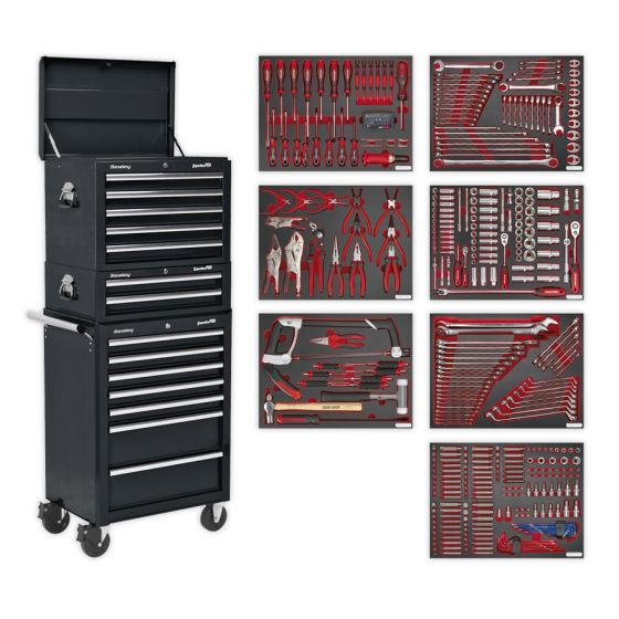 Tool Chest Combination 14 Drawer with Ball Bearing Slides - Black & 446pc Tool Kit Sealey Part No. TBTPCOMBO2