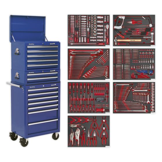 Tool Chest Combination 14 Drawer with Ball Bearing Slides - Blue & 446pc Tool Kit Sealey Part No. TBTPCOMBO5