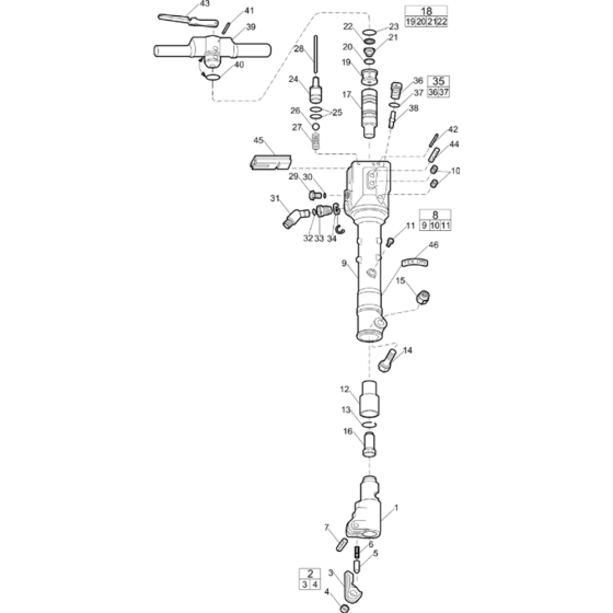 Main Assembly for Atlas Copco TEX39P Breaker with Hexagonal 28 x 160 from s/n PUN000001 onwards