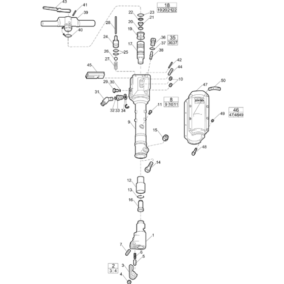 Main Assembly for Atlas Copco TEX39PS Breaker with Hexagonal 28 x 160 from s/n PUN000001 onwards