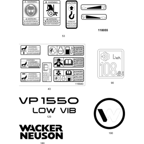 Labels Assembly for Wacker VP1550A-5000009027 (Honda Engine) Rev.116 Plate Compactor