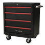 Rollcab 4 Drawer Retro Style- Black with Red Anodised Drawer Pulls Sealey Part No. AP28204BR