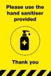 Hand Sanitiser Provided - Yellow Sign (Adhesive)